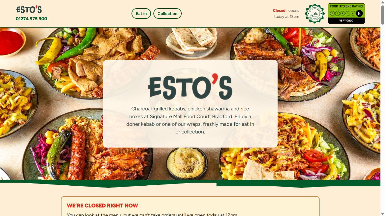 Esto’s Bradford homepage with its food photography and restaurant branding