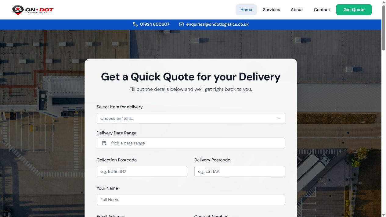 OnDot Logistics homepage showing its delivery quotation form